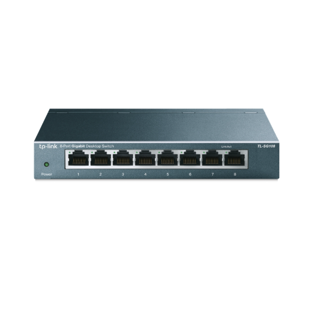 TP-Link network switch with eight ports on a white background